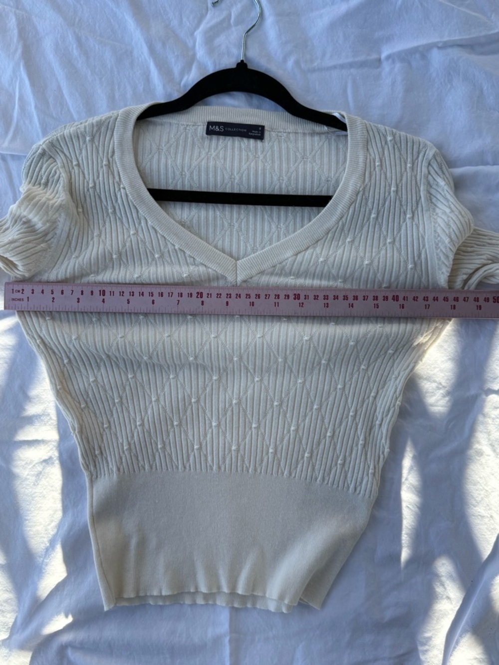 Women's Cream V-Neck Cable Knit Long Sleeve Top - Picture 6 of 7